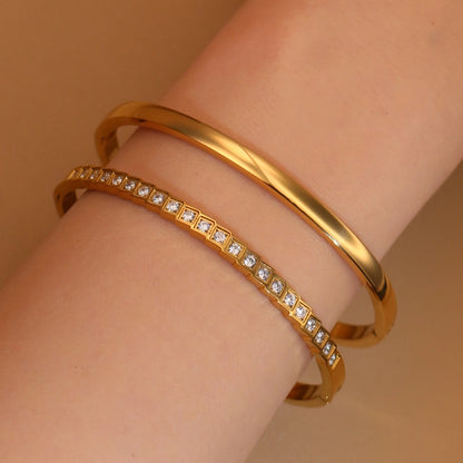 2-in-1 Women 18 K Gold Plated Zircon Stainless Steel Curved Bracelet Gift Bangle