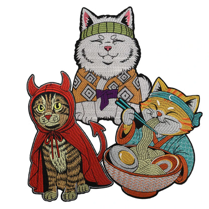 Japanese Cartoon Noodle-Eating Cloak Cat Embroidered Patches Iron on Badges Twill Craft Sticker Clothes