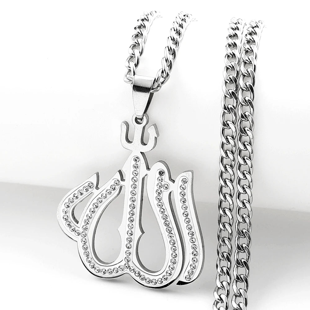 Men Women Stainless Steel Gold Color Muslim Chain Amulet Islamic Arabic Allah Full Rhinestones Pendant Necklace