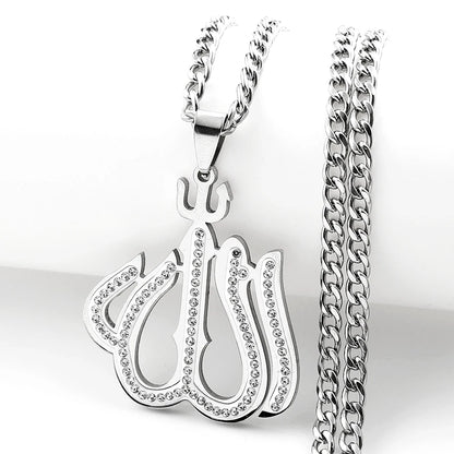Men Women Stainless Steel Gold Color Muslim Chain Amulet Islamic Arabic Allah Full Rhinestones Pendant Necklace