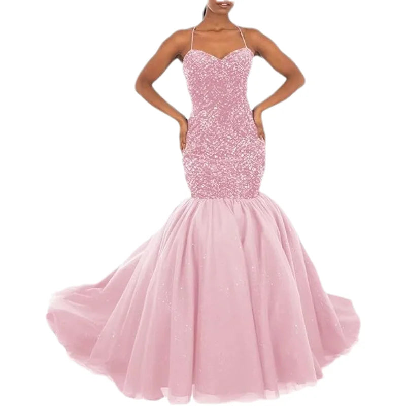Sparkly Sequin Prom Women Long Tulle Halter Ball Gown Sleeveless Mermaid Formal Evening Party Dress