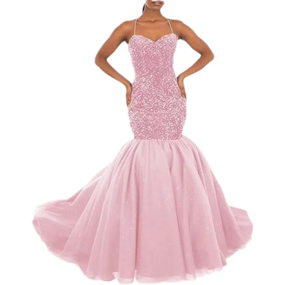 Sparkly Sequin Prom Women Long Tulle Halter Ball Gown Sleeveless Mermaid Formal Evening Party Dress