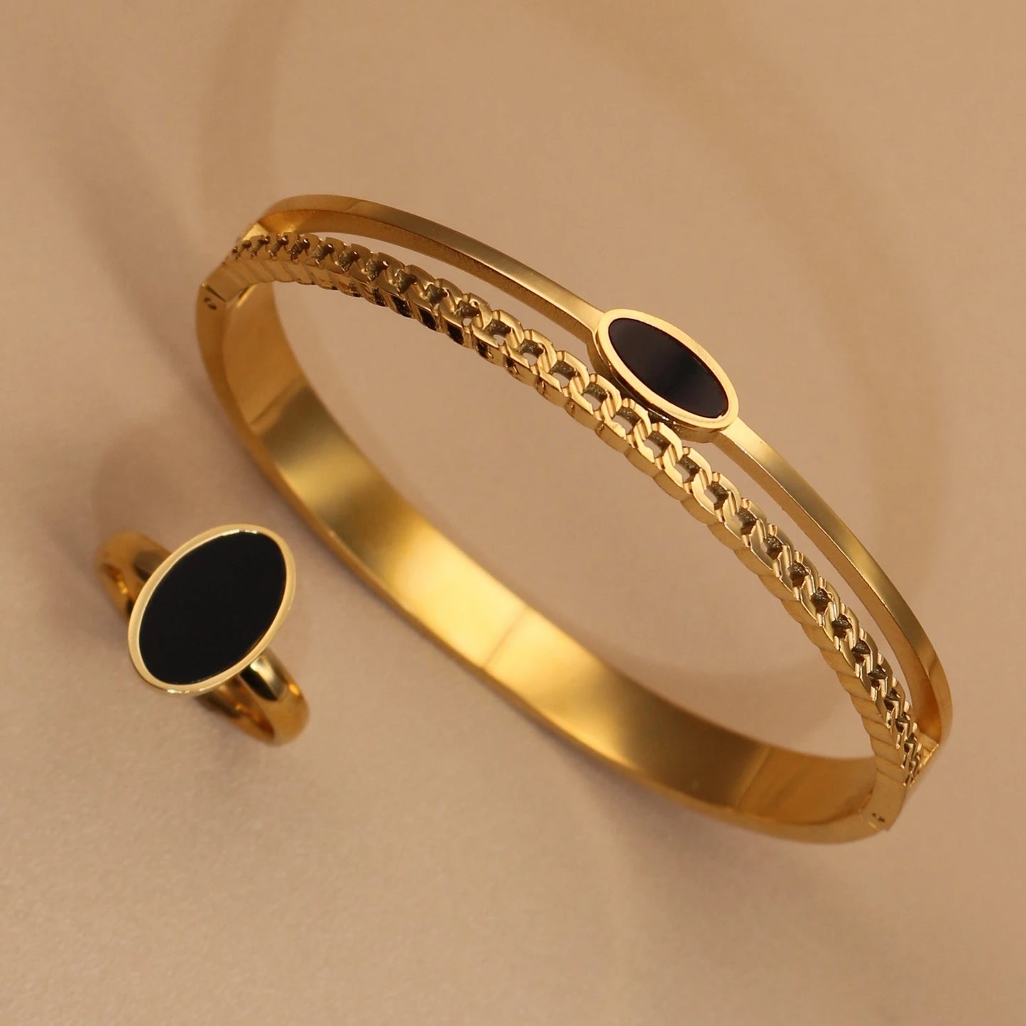 Luxury 2-In-1 Wedding Gold Black Acrylic Stainless Steel Ring Bangles Set