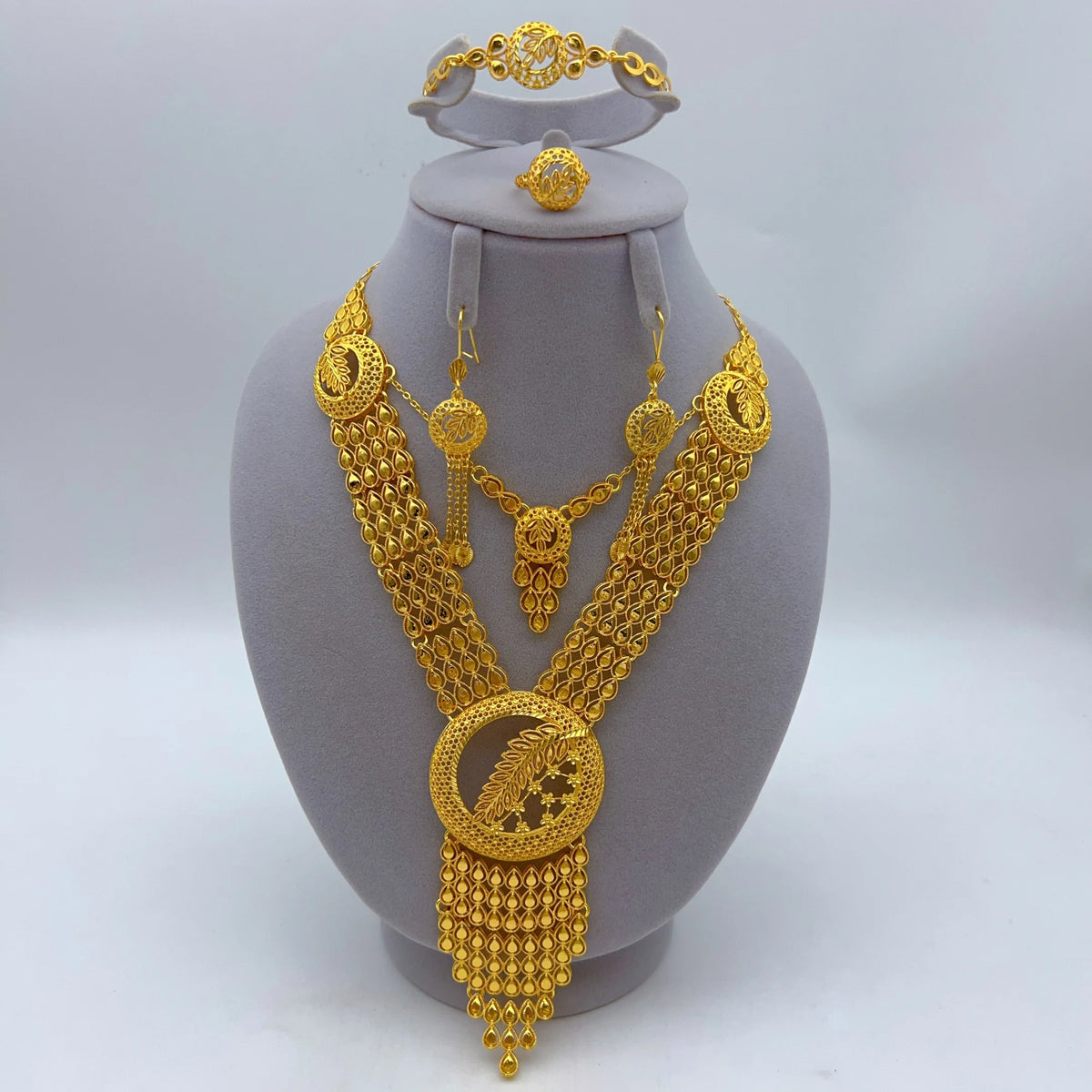 24K Gold Plated Women Wedding Dubai African Indian Brazilian Pendant Necklace Earrings