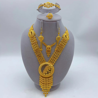 24K Gold Plated Women Wedding Dubai African Indian Brazilian Pendant Necklace Earrings