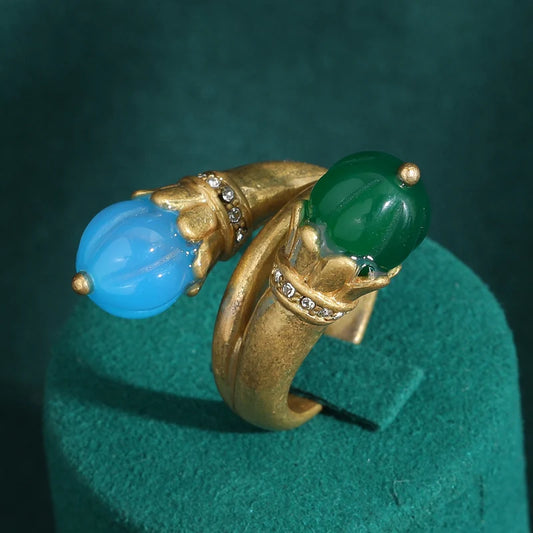 Vintage Artistic Natural Stone 18K Gold-Plated Irregular Designer Decor Ring