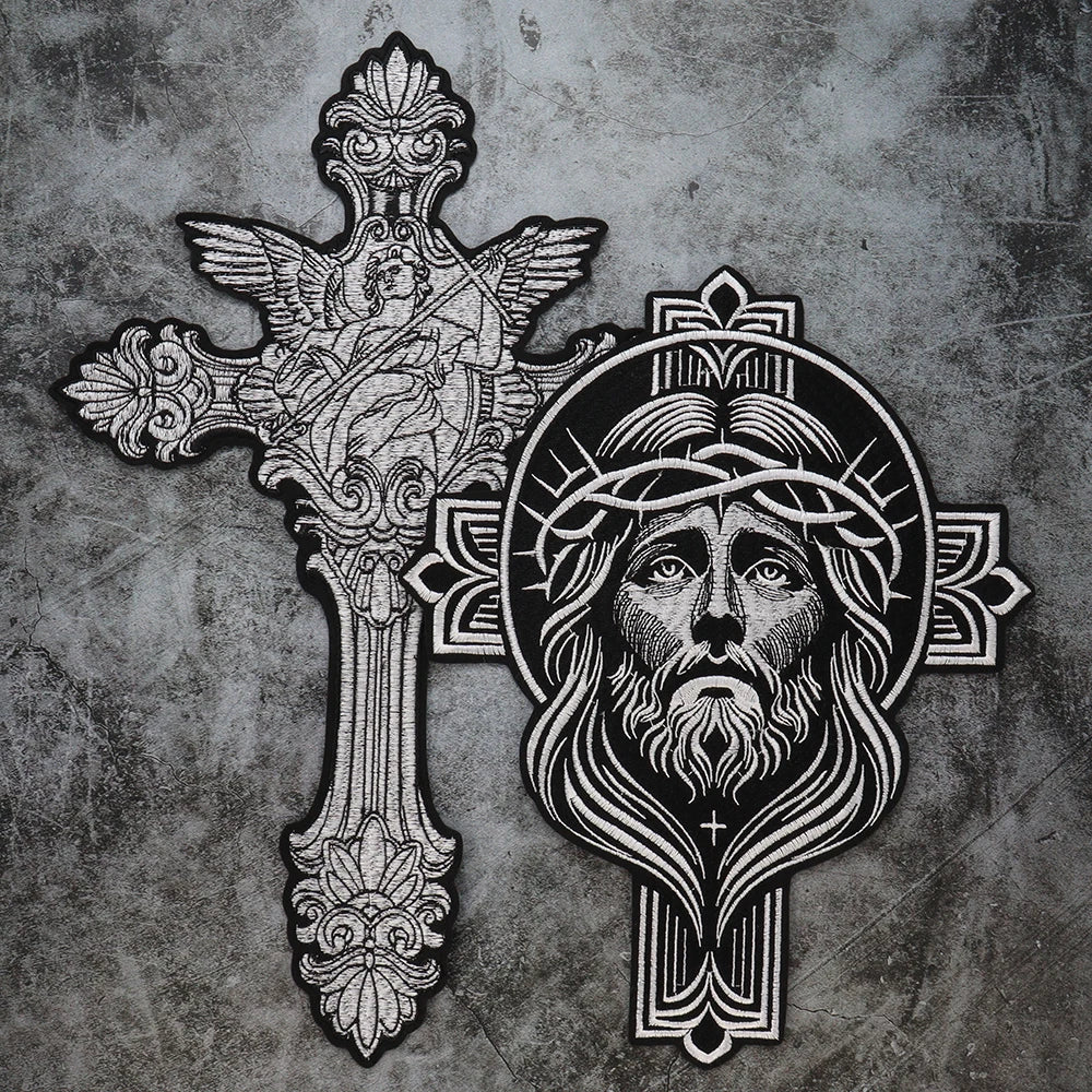 Big Cross Skull Gothic Punk Rock Iron on Patches Embroidered Crown Skull Patch Clothes Sewing Stickers