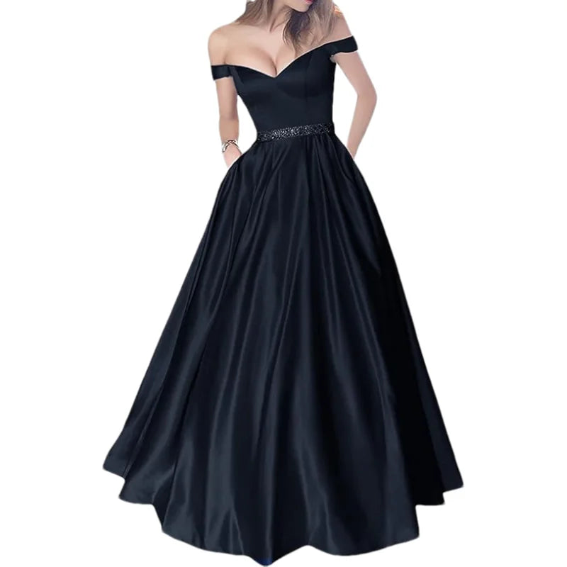 Women Off The Shoulder Beaded Satin V Neck Corset A Line Long Formal Prom Evening Party Gown Dress w/Pocket