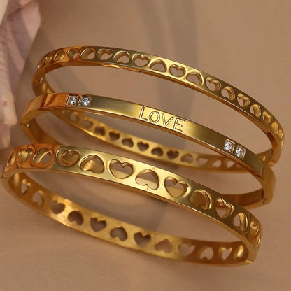 18K Gold-Plated LOVE Stainless Steel Zircon Openwork Bangle Bracelet Women's Jewelry