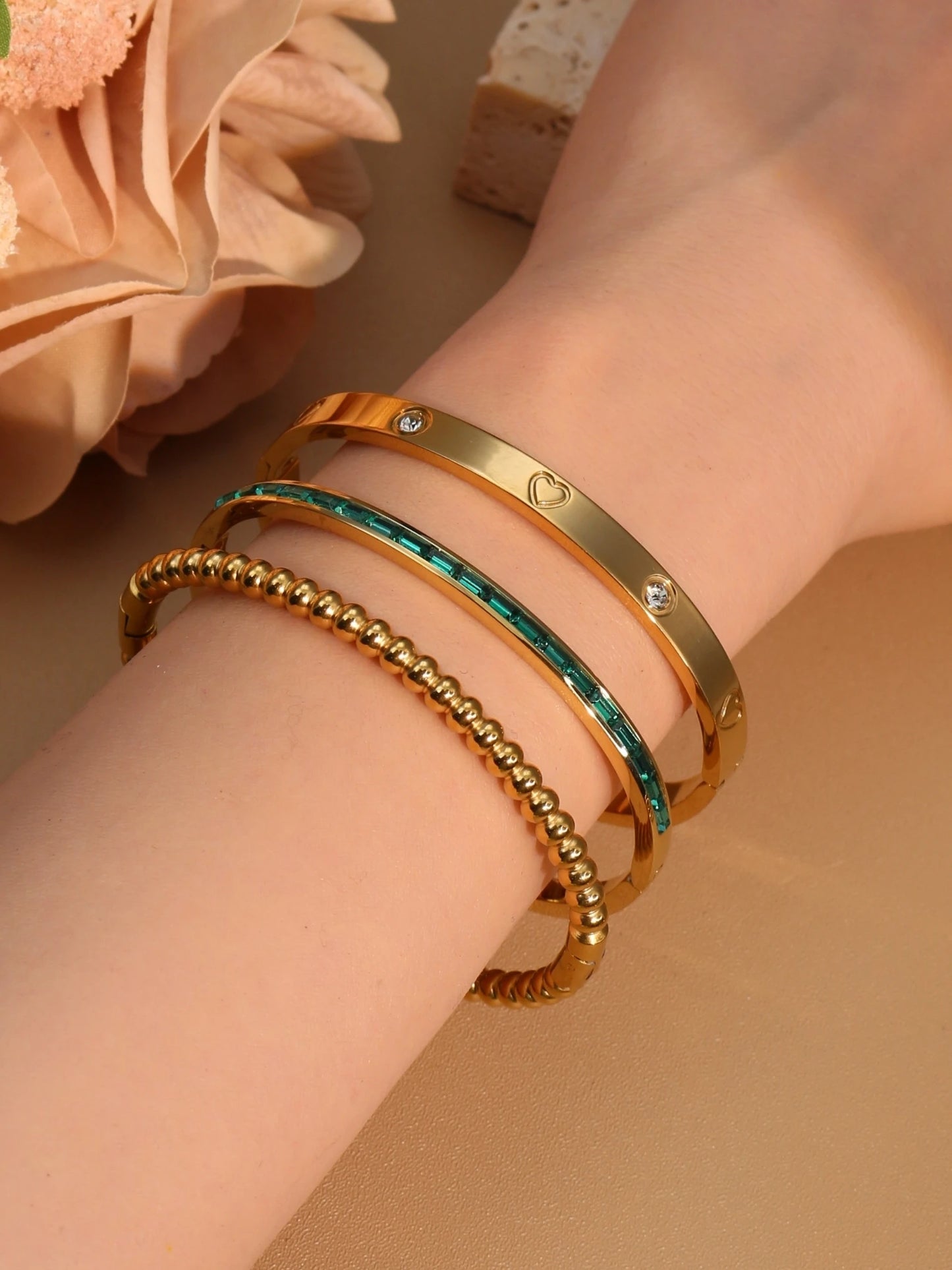 Women 18k Gold Plated Stainless Steel Green Zircon Bangles Bracelet Set Gift.
