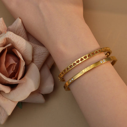 18K Gold-Plated LOVE Stainless Steel Zircon Openwork Bangle Bracelet Women's Jewelry