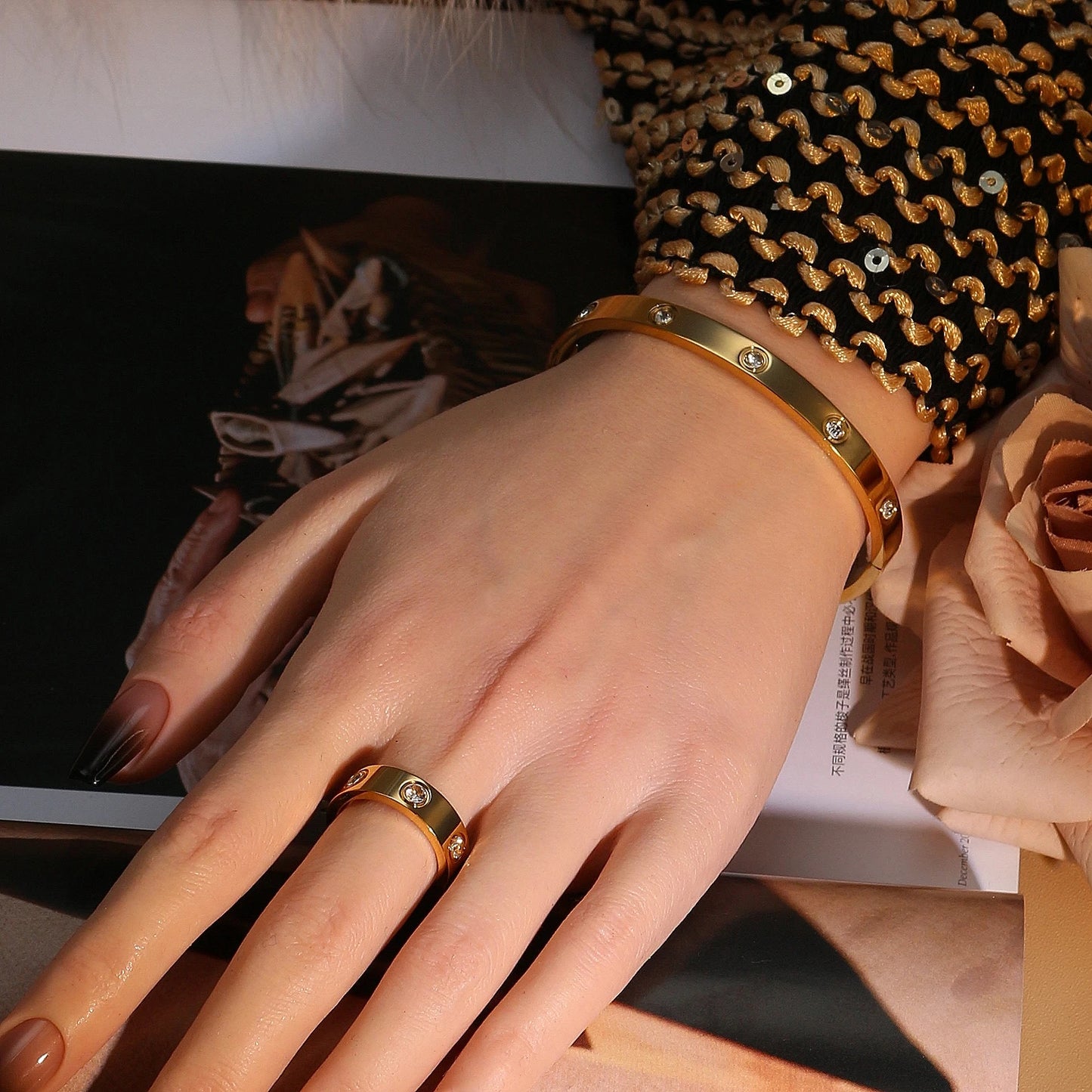 2-in-1 Women 18K Gold-Plated Stainless Steel Bracelet Ring Jewelry Set.