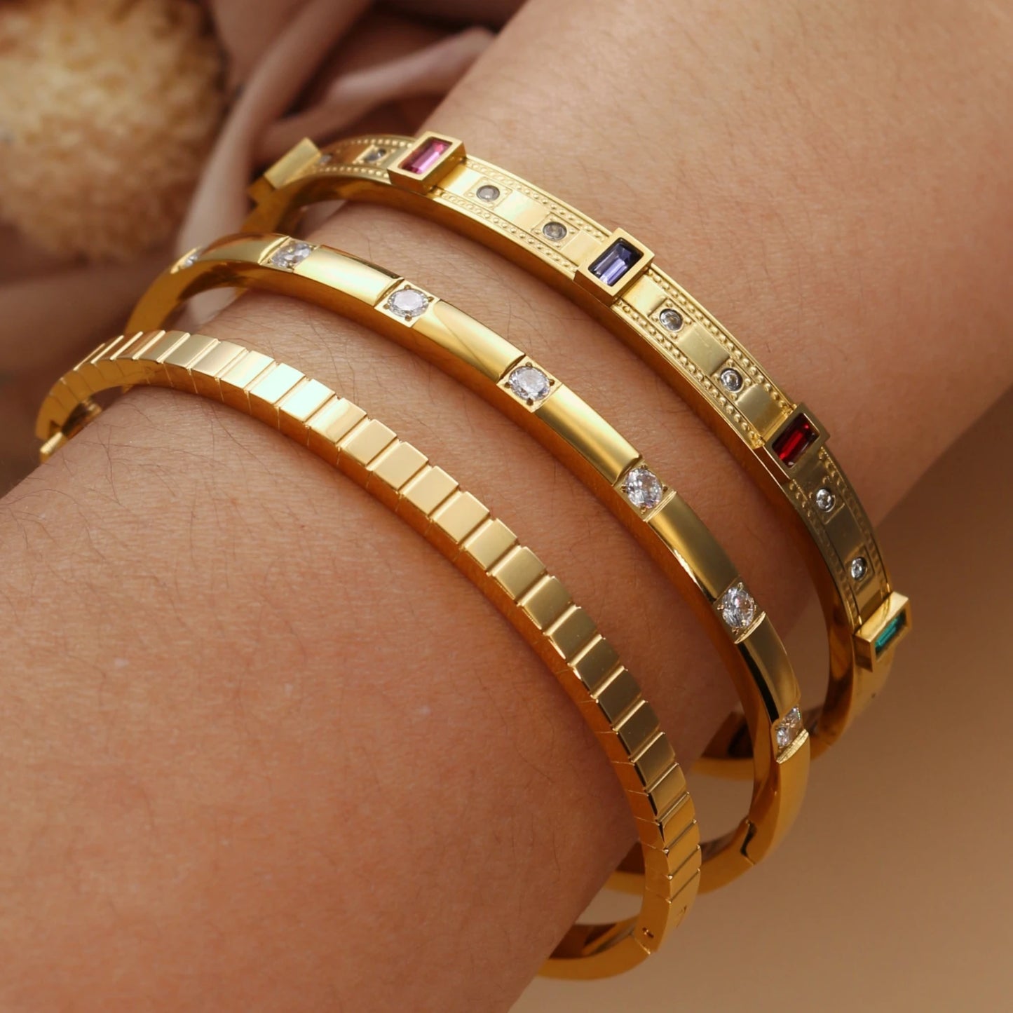 Women's cz Design Inlay Square Small Colored Zircon Stainless Steel Gold Color Bracelet Bangle