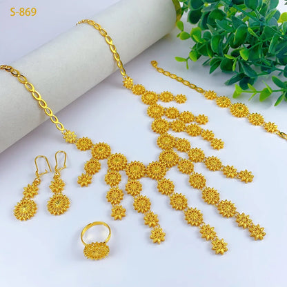 Italian Dubai Women Design 24K Gold Color Wedding Party Necklace Earrings Ring Bracelet Gift