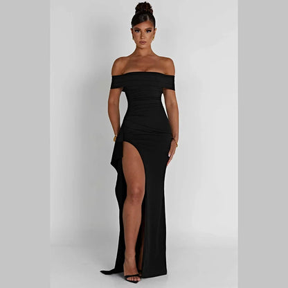 Women Off-shoulder Ruffled Thigh High Split Maxi Slash Neck Backless Bodycon Party Evening Dress