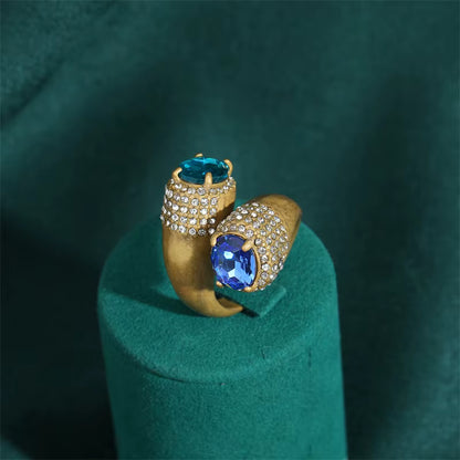 Women Blue Natural Stone Open Leopard Fashionable Water Drop Gold Color Pearl Flower Ring