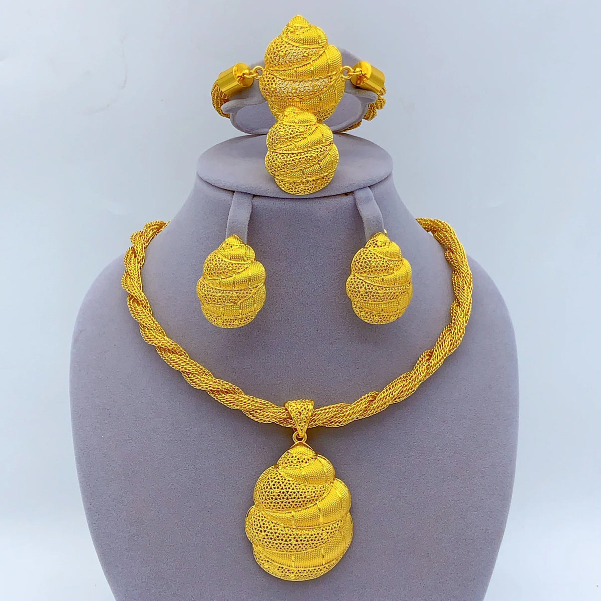 Dubai 24k Gold Color Women Ethiopian Indian Bridal Wedding Twisted Necklace Earrings Sets