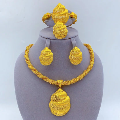 Dubai 24k Gold Color Women Ethiopian Indian Bridal Wedding Twisted Necklace Earrings Sets