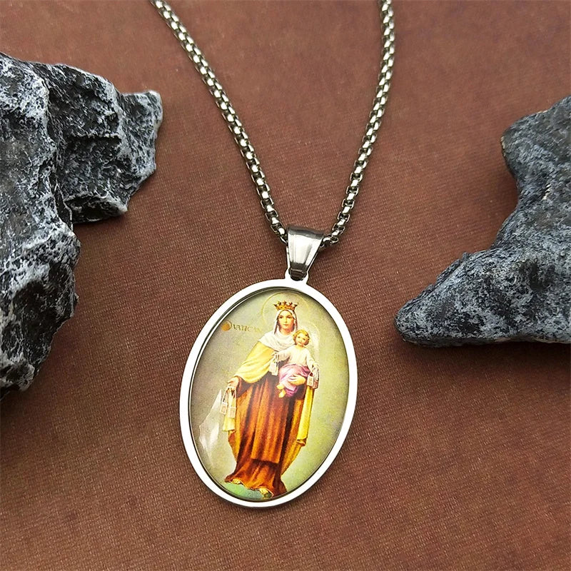 Women Men Stainless Steel Gold Color Catholic Amulet Virgin Mary Hold Baby Jesus Glass Medal Pendant Necklace