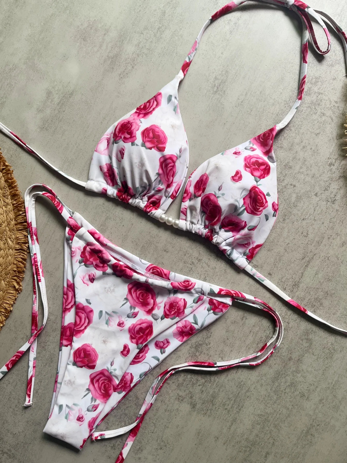 Micro Women Swimsuit Brazilian Bikini Halter Print Push Up Pearl Beachwear Suit