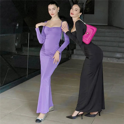 Women Square Collar Long Sleeve Long Gown Fashion Elegant Solid Bodycon Maxi Dress