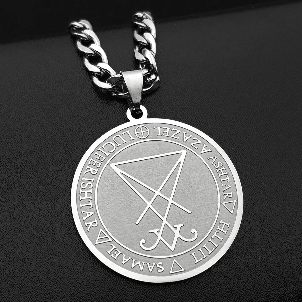 Women Men Seal of Lucifer Azazel Lilith Samael Devil Symbol Church of Satan Stainless Steel Necklace