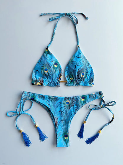 Sexy print bikini swimsuit split straps tassels 2-piece summer beach swimsuit Suit