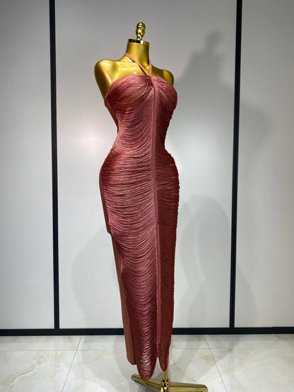 Women Sexy Celebrity Backless Halter Tassel Bandage Evening Party Birthday Wedding Dress