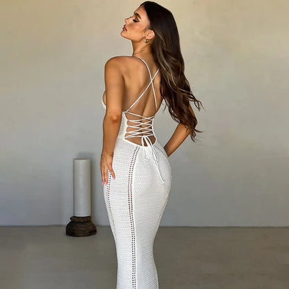 Women Hollow Out Backless Knit Spaghetti Strap Bandage Sleeveless Bodycon Party Long Dress