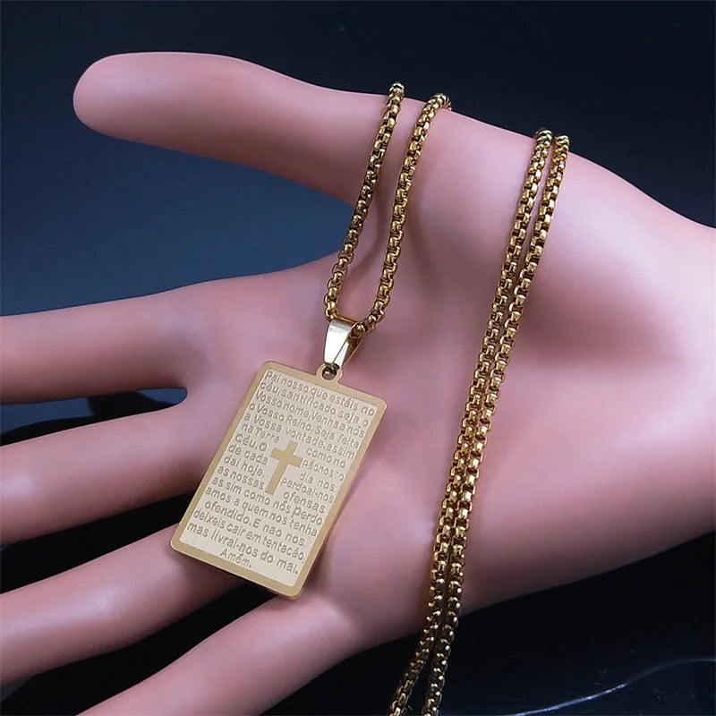 Men Women Stainless Steel Portuguese Religious Christian Cross Bible Verse Prayer Necklace