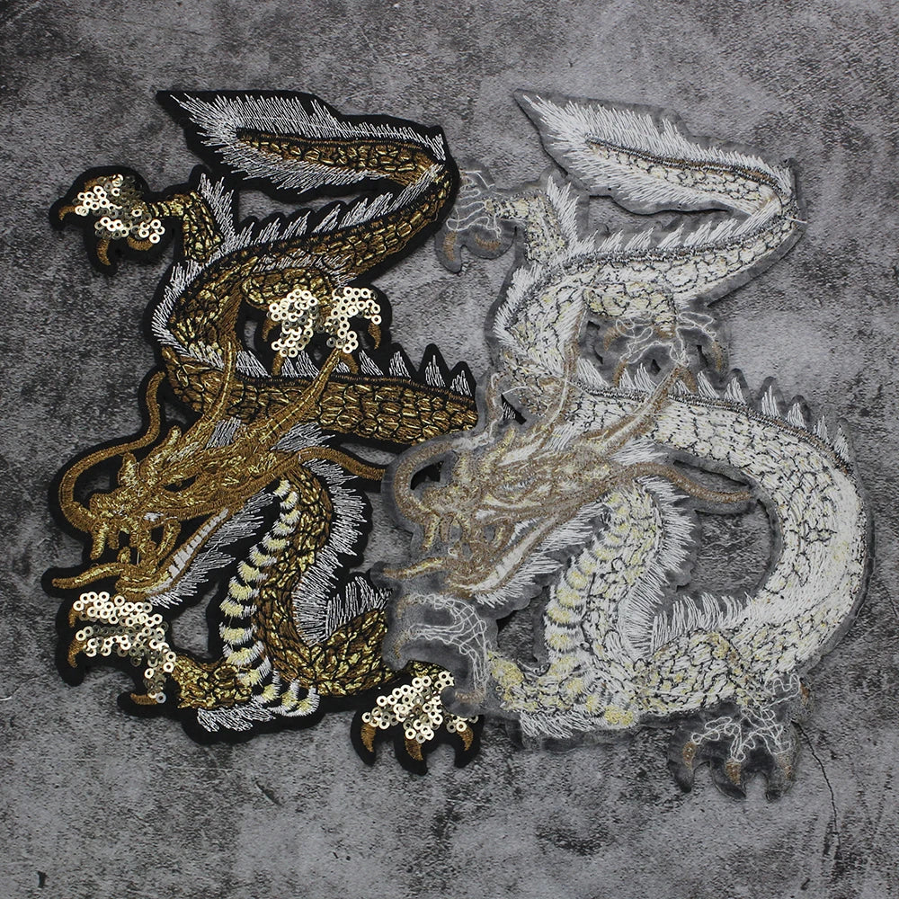Embroidery Sequin Golden Dragon Patch Appliques Iron on Patches Badge Clothes Sewing