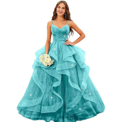 Sparkly Tulle Long Prom Spaghetti Straps Ball Glitter Tulle A-line Formal Evening Party Gown Dress