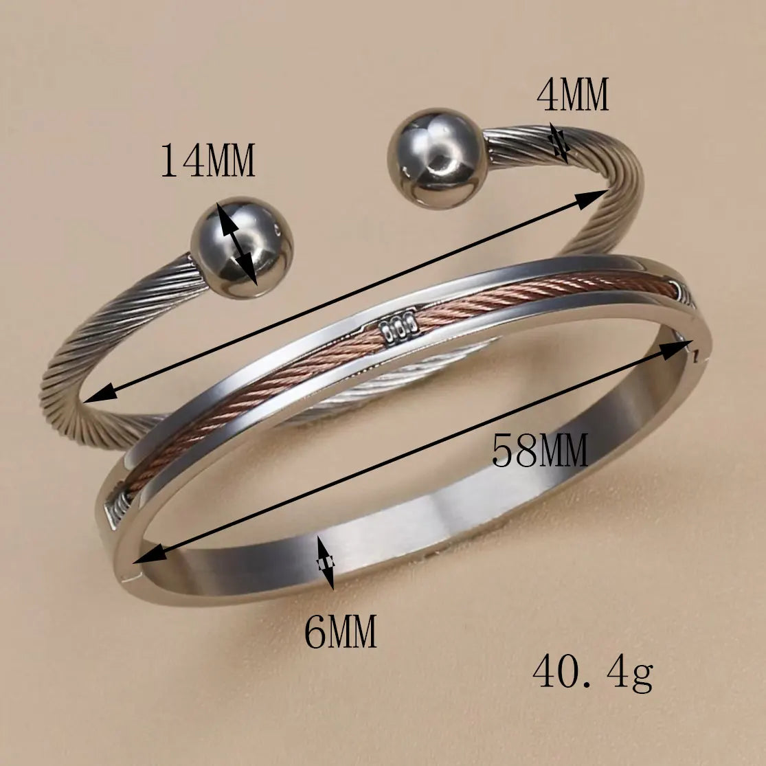 Stainless Steel Ball Open Cuff Bangle Wire Rope Bracelet Wrist Ornament Jewelry Gift