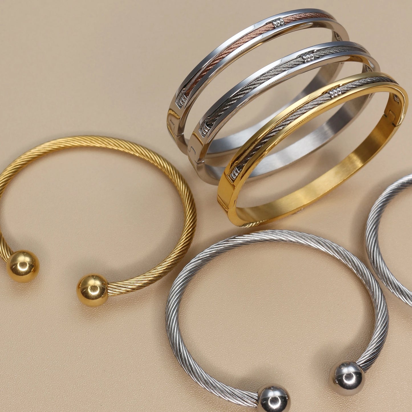 Stainless Steel Ball Open Cuff Bangle Wire Rope Bracelet Wrist Ornament Jewelry Gift