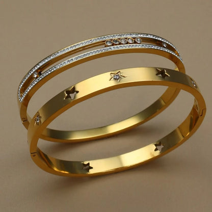 Fashion Stainless Steel Crystal Charm Gold Color Bracelet Women's Bangle
