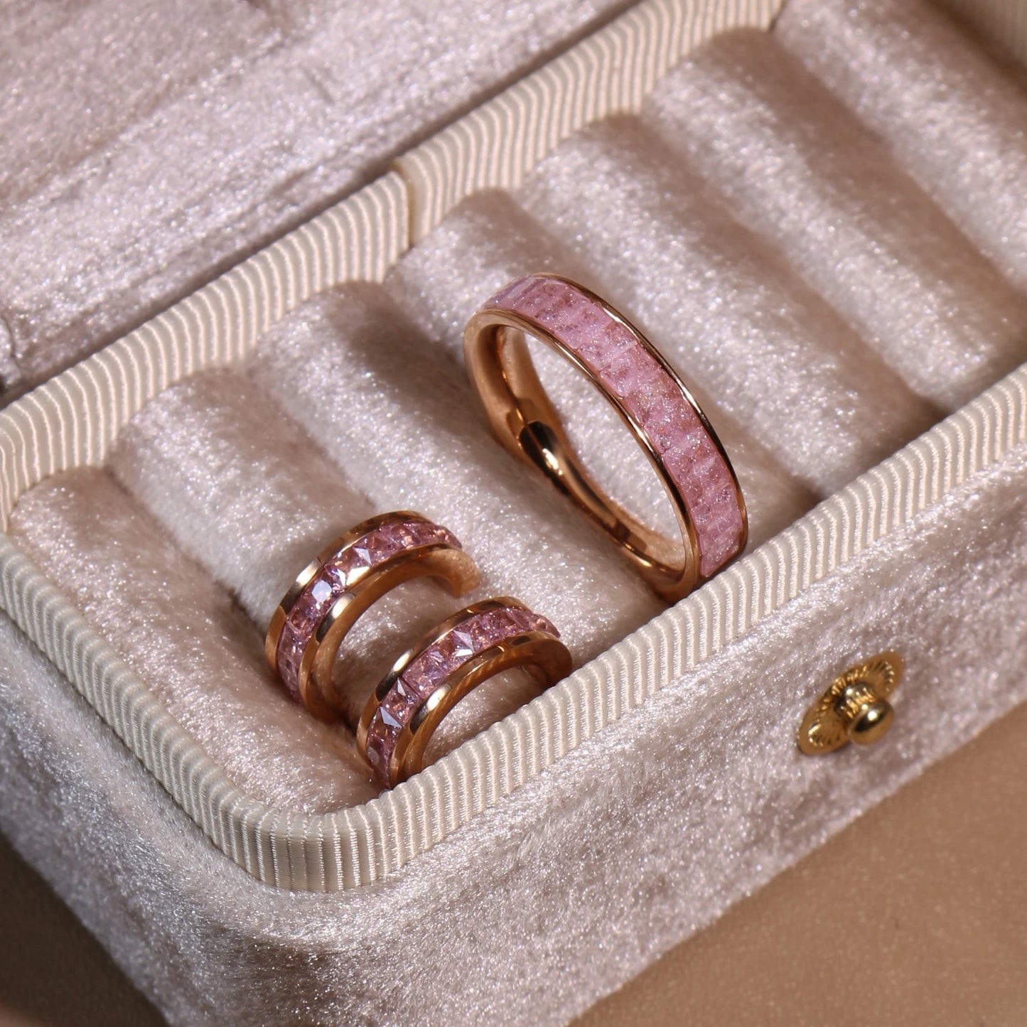 2-In-1 Women Rose Gold-Plated Stainless Steel Crystal Earrings Ring Jewelry Set