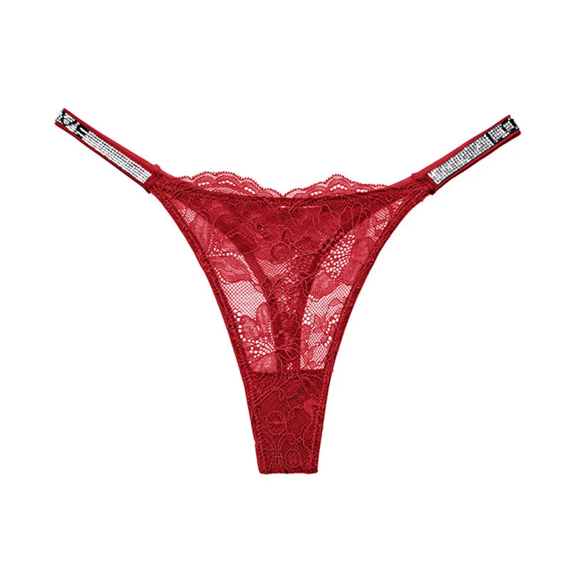 Women Lace Seamless Underwear Rhinestone G-String Thong Low Rise Panties Briefs