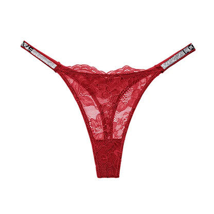 Women Lace Seamless Underwear Rhinestone G-String Thong Low Rise Panties Briefs