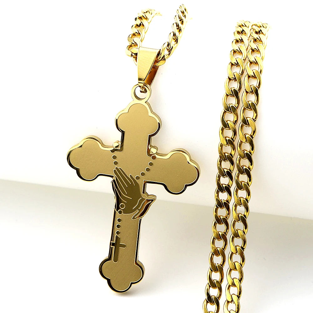 Women Men Gold Catholic Faith Rosary Jesus Cross Praying Hand Stainless Steel Box Chain Pendant Necklace
