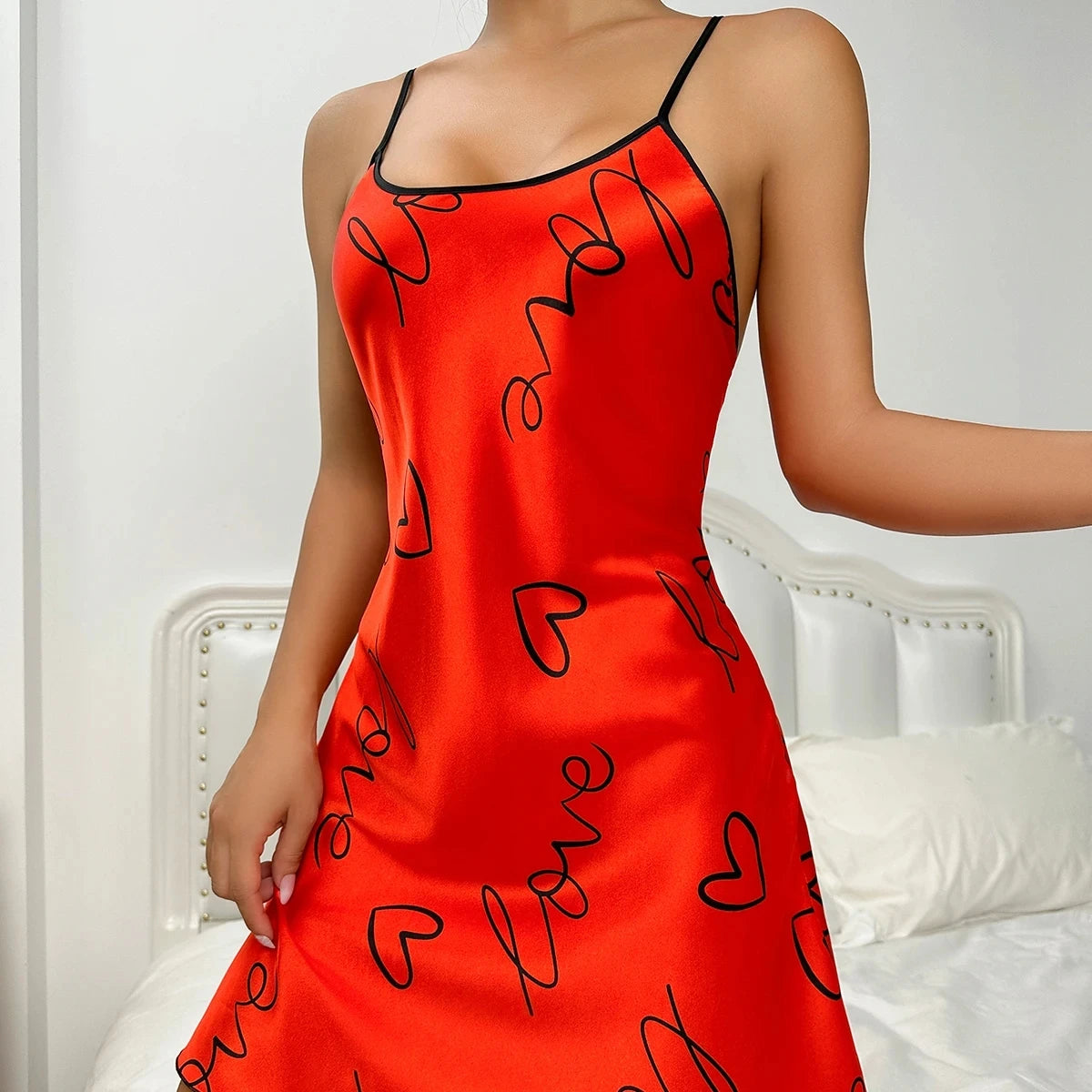 Heart Print Scoop Neck Criss Cross Women's Sleepwear Nightdress