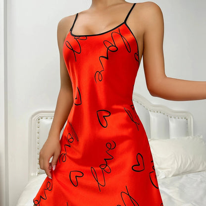 Heart Print Scoop Neck Criss Cross Women's Sleepwear Nightdress