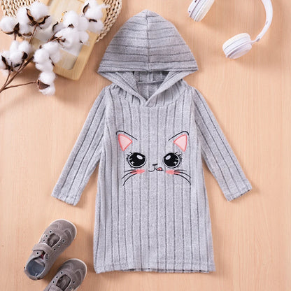 Kids Girl Solid Hoodie Cute Cartoon Pattern Pit Strip Knitted Party Shirt Dress