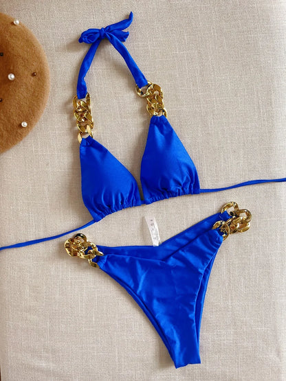 Sexy Triangle Solid Color Chain Decor Split Bikini Beachwear Brazilian Swimwear Bathing Suit