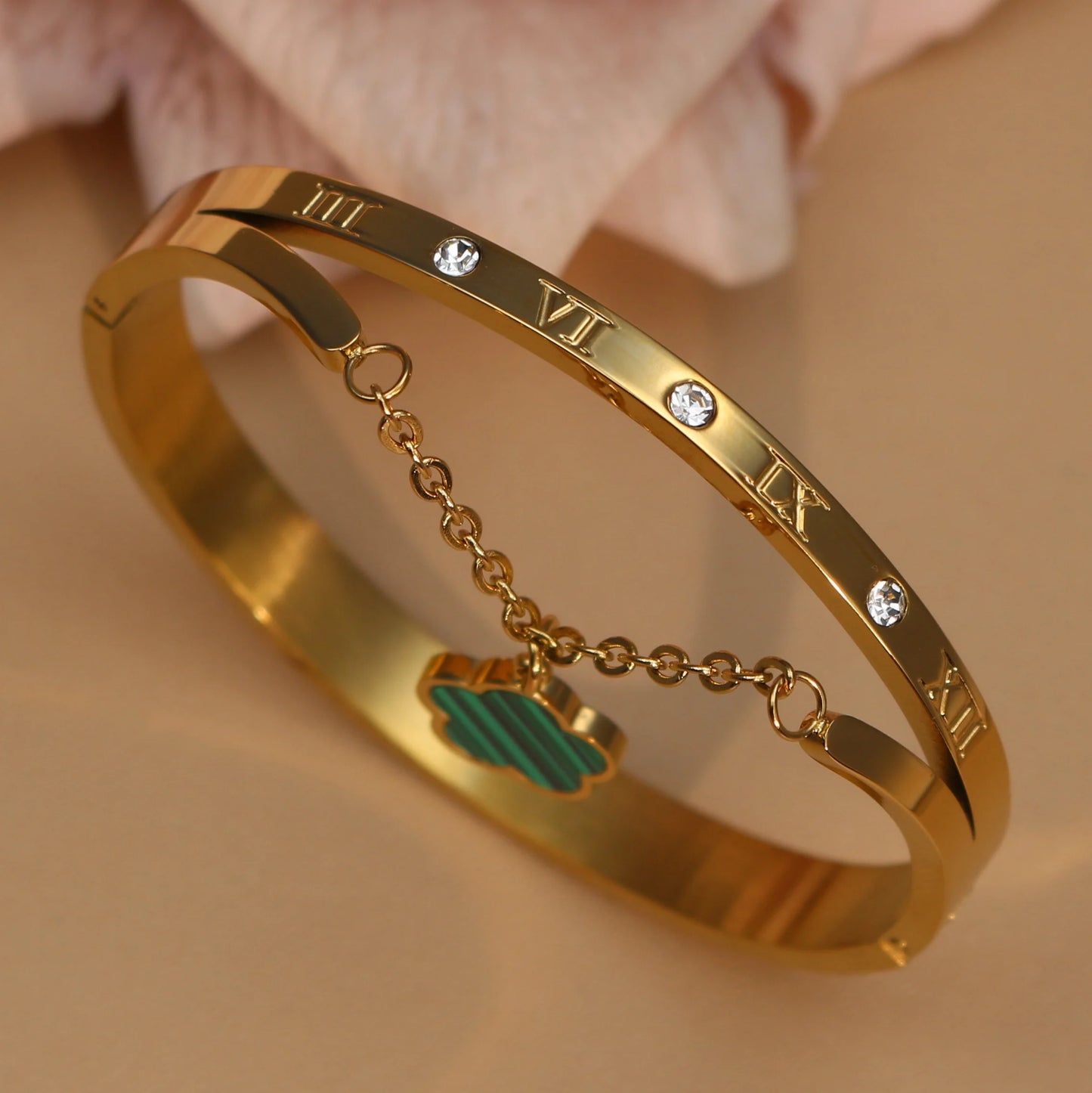 Roman Numeral Crystal Flower Shaped Pendant Stainless Steel Bracelet Bangles