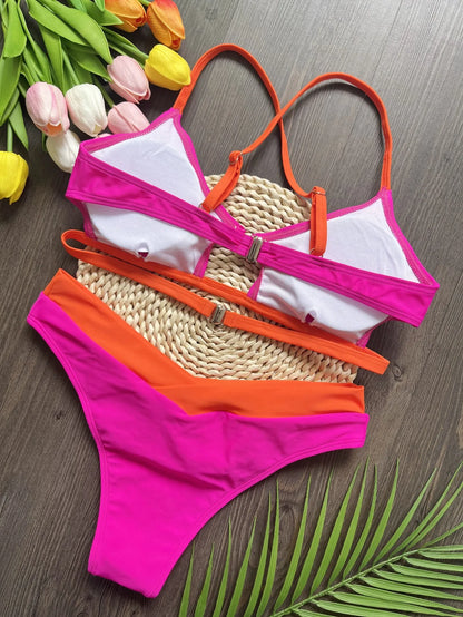 Sexy Solid Splicing Bikinis Swimsuit Two-piece Triangle Thong Swimwear Bathing Suit Brazilian