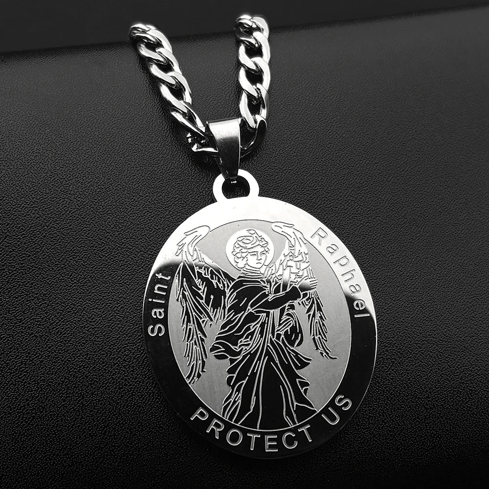 Women Men Gold Color Stainless Steel Christian Archangel Saint Raphael Protect Us Medal Pendant Necklace
