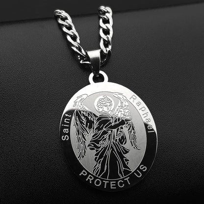 Women Men Gold Color Stainless Steel Christian Archangel Saint Raphael Protect Us Medal Pendant Necklace