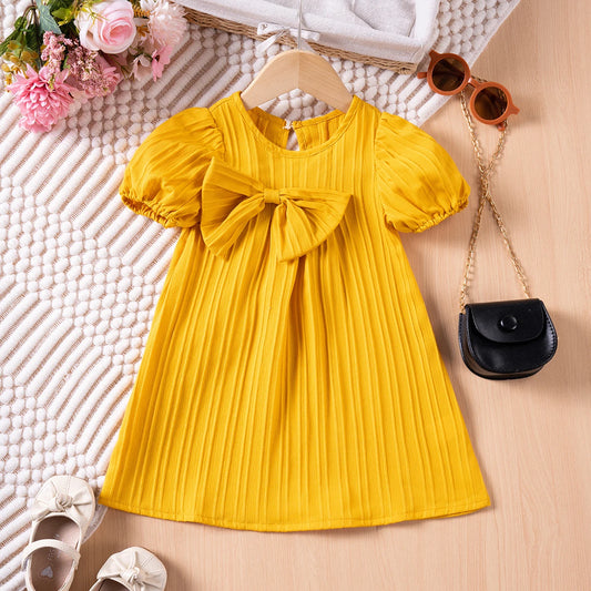 Kids Girl Solid Color Bubble Sleeve Cute Bow Party Birthday Outing Dress