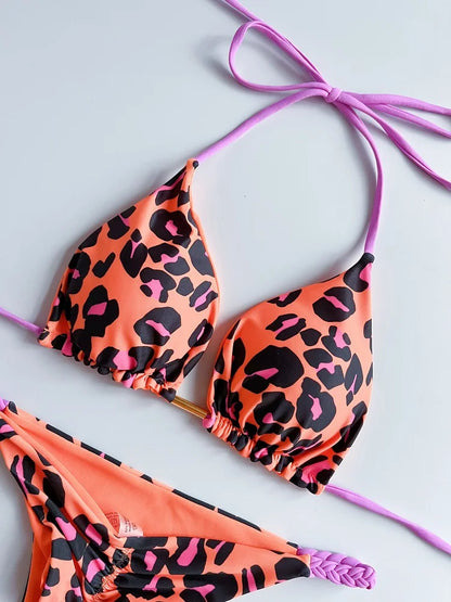Sexy Women Braided Rope Micro Bikini Swimsuit Leopard Print Brazilian Bathing Suit