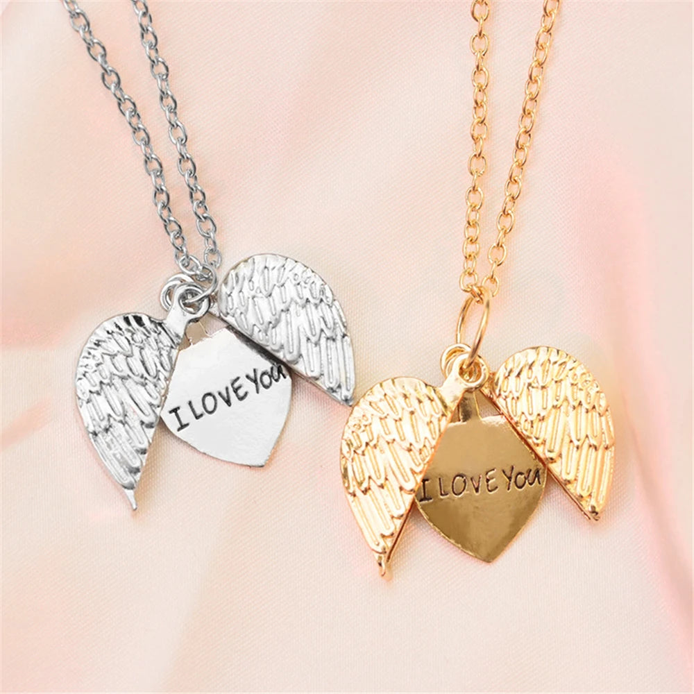 Trendy Heart Angel Wings Open Romantic "I Love You" Pendant Necklace